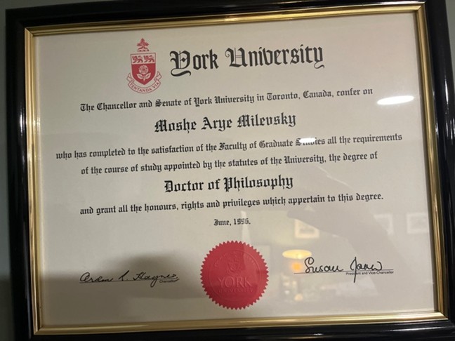 Photo of York University PhD diploma for Moshe Milevsky