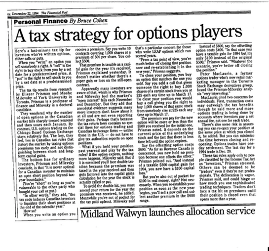 Scan of a newspaper with the headline, "A tax strategy for options players"